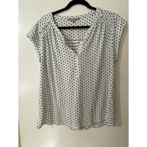 Daniel Rainn Women XL Polka‎ Dot Stripe Cap Sleeve Casual Blouse Top Linen Blend